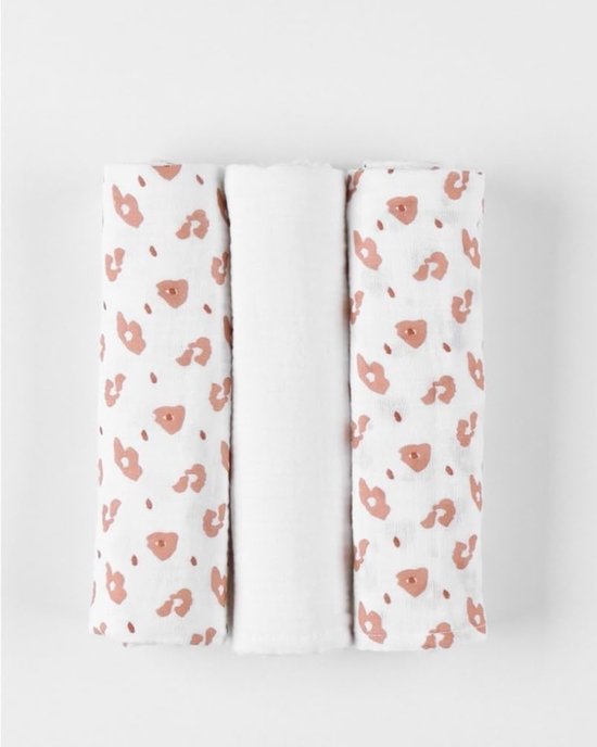 Set of 3 hydrophilic cloths Babou & Kendi - Organic muslin - Beige-Cappucino - Leopard print hydrofiele washandjes