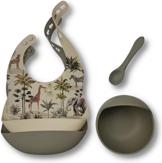Set siliconen slabbetjes + kom met zuignap en lepel - Jungle salie van Merkloos