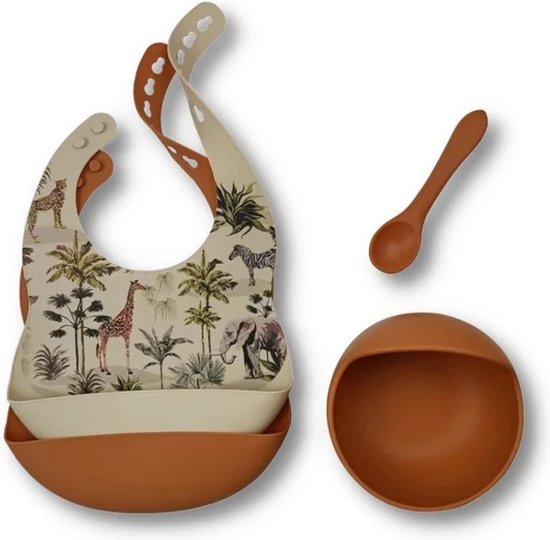Set siliconen slabbetjes + kom met zuignap en lepel - Jungle van Merkloos
