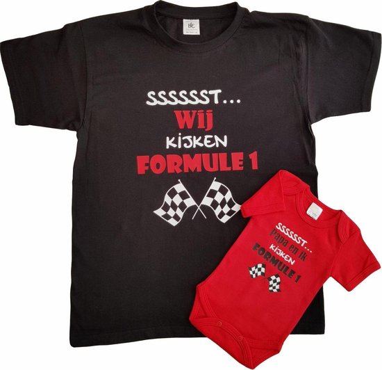 Set t-shirt en romper met "Sssssst... Wij kijken Formule 1" en "Sssssst... Papa en ik kijken Formule 1" - maat t-shirt L - maat romper 80 - vaderdag, cadeautje, kraamcadeau, grappig, geschenk, baby, tekst van Merkloos