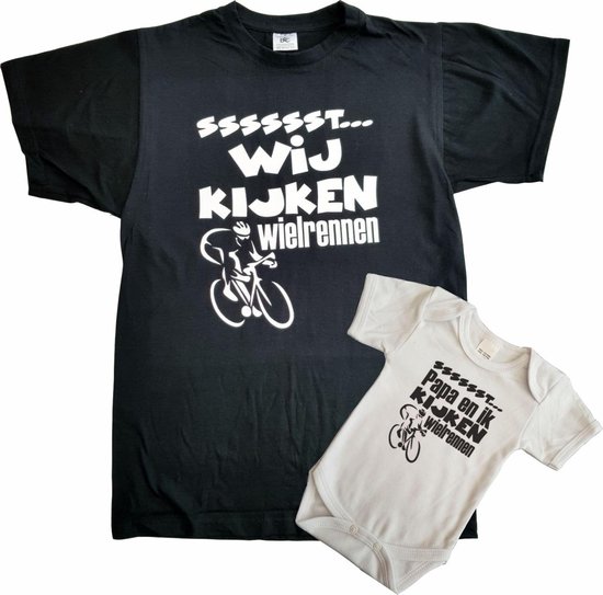 Set t-shirt en romper met "Sssssst... Wij kijken wielrennen" en "Sssssst... Papa en ik kijken wielrennen" - maat t-shirt XL - maat romper 68 - vaderdag, cadeautje, kraamcadeau, grappig, geschenk, baby, tekst van KidzinColor