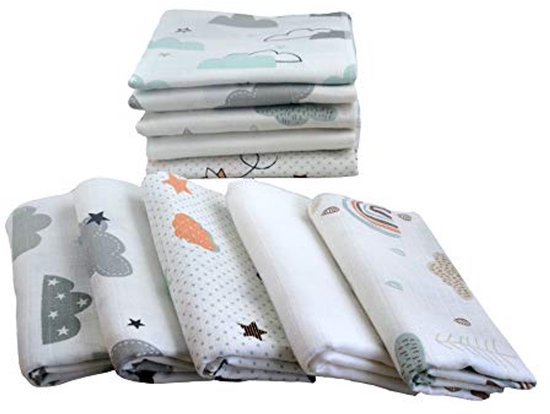 Set van 10 absorberende mousseline doeken 80 x 70 cm, Öko-Tex gecertificeerd, onmisbaar voor baby van Lilaboo