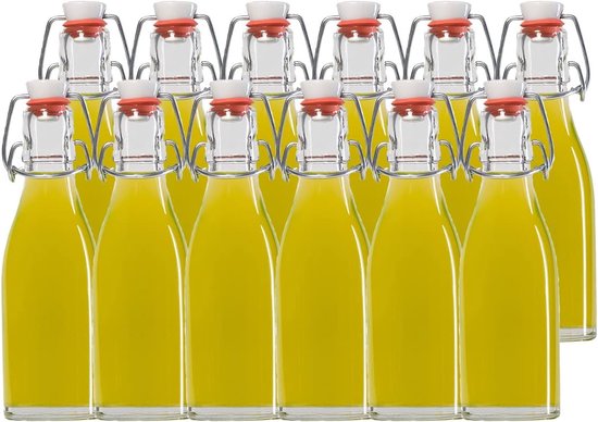 Set van 10 beugelflessen, 200 ml, met beugeldop, om zelf te vullen, 5 cm diameter, inclusief vultrechter van Merkloos