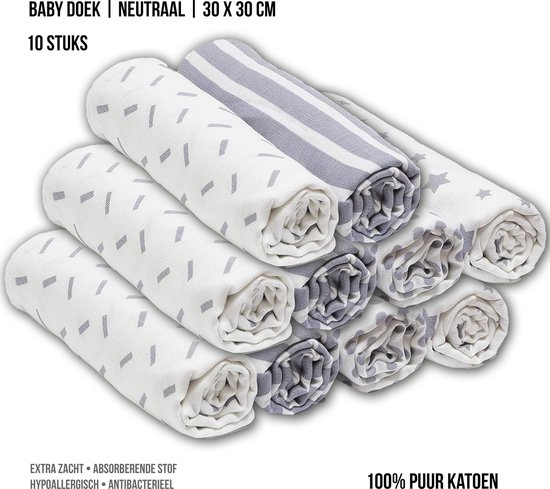 Set van 10 Hydrofiele Spuugdoekjes (30x30 cm) in Zacht, 100% Katoen | Grijs-Wit | Baby Jean van $