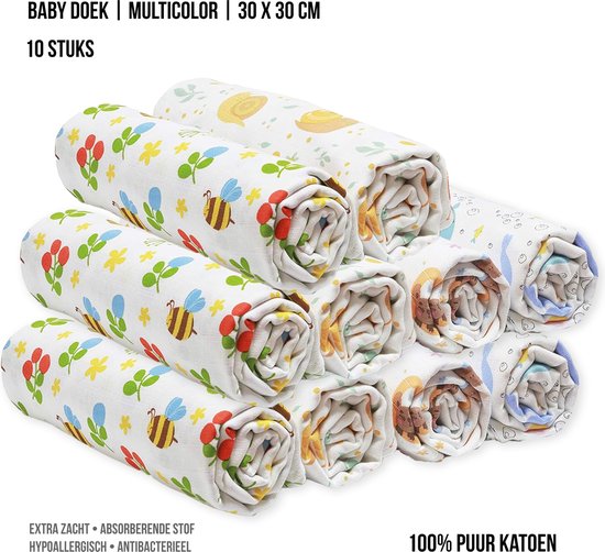 Set van 10 Hydrofiele Spuugdoekjes (30x30 cm) in Zacht, 100% Katoen | Multicolor | Baby Jean van $