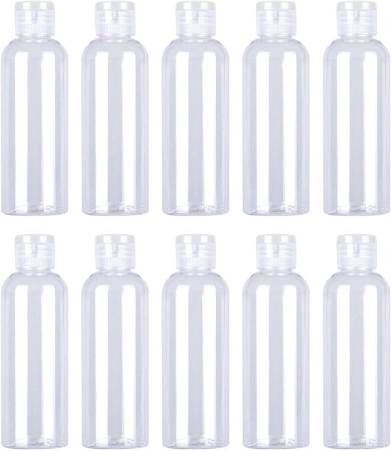 Set van 10 transparante reisflessen - 100 ml met flipcap en etiketten voor shampoo, conditioner, lotion - voor toiletartikelen op reis