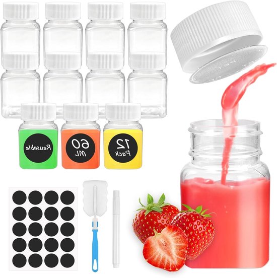 Set van 12 Lege Plastic Flessen voor Smoothies en Sappen, 60ml/100ml met Stickers en Deksel, Ideaal voor Gember Shots en Melk