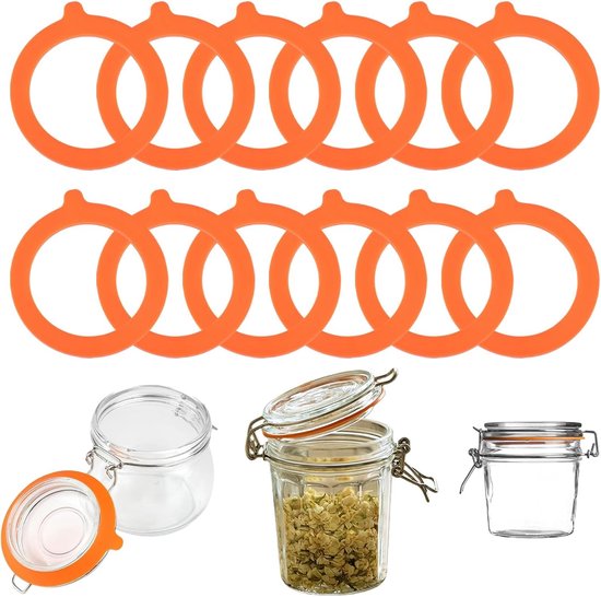 Set van 12 stuks siliconen weckringen, 95 x 73 mm, siliconen glasafdichtingen, reserve rubberen ringen, weckpotten, herbruikbaar, lekvrij, inmaakpotten, weckpotten, oranje