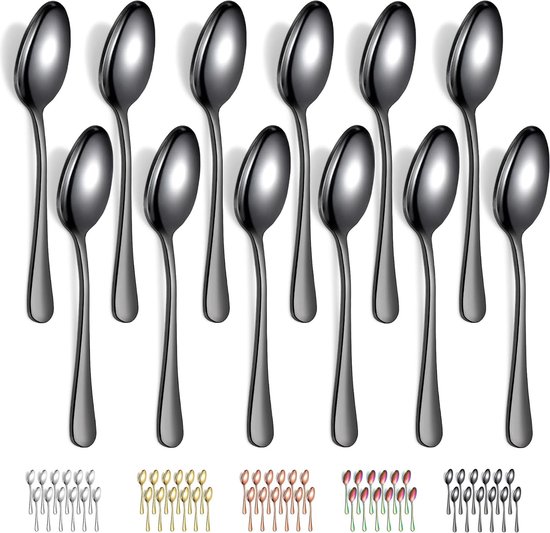Set van 12 zwarte soeplepels, 12 stuks, 18,5 cm, roestvrij staal, titanium, zwart gecoat, besteklepel, dessertlepel, tafellepel, eetlepel, gemakkelijk te reinigen, vaatwasmachinebestendig van Voltaire Limited