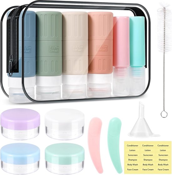 Set van 16 siliconen reisflessen Set van 100 ml, BPA-vrij, lekvrij, navulbare lege reisverpakkingen, reisflessen met etiket en reinigingsborstel, voor shampoo, crème, conditioner, lichaamsverzorging van Bogi