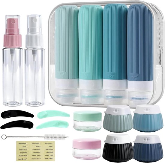 Set van 18 Herbruikbare Silicone Flessen voor Reizen, Lekvrije Reiscontainers voor Shampoo, Crème en Vloeistoffen
