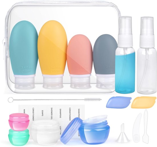 Set van 18 siliconen reisflessen, set van 30/60/100 ml, reisflessen om te vullen, toiletartikelen, lekvrij, navulbaar, TSA-goedgekeurd, leeg, cosmetica, reisset, reisformaat container [FDA] van Boao