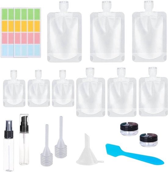 Set van 19 reisflessen en containers voor toiletartikelen, inclusief draagbare zakjes, navulbare reiszakjes en lekvrije cosmetische containers met etiketten