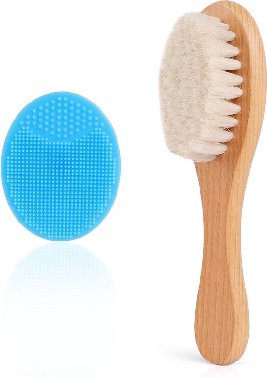 Set van 2 Baby Haarborstels met Zachte Geitenharen en Silicone Badborstel voor Kinderen en Pasgeborenen