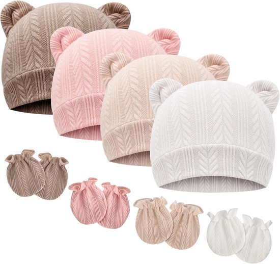 Set van 2 Baby Muts en Anti-Krab Handschoenen voor Pasgeboren Jongen en Meisje (0-6 Maanden)