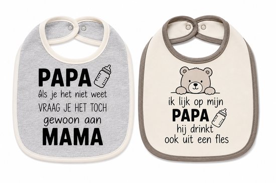 Set van 2 Baby slabbetje cadeau tekst zwangerschap aankondiging papa als je het niet weet vraag mama en lijk op mijn papa hij drinkt ook uit een fles Geboorte Kraamcadeau set van 2 voor de liefste aanstaande vader ouders moeder vader eerste vaderdag