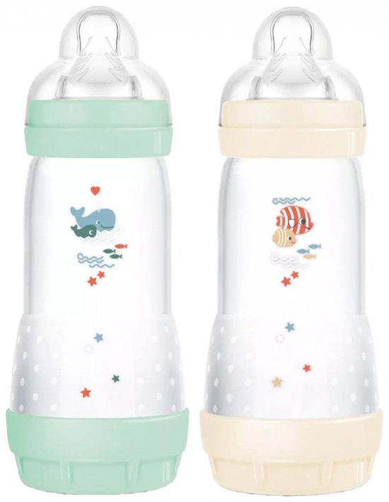 Set van 2 Babyflessen - MAM - Easy Start - Klassiek Anti-Colic - 320 ml - Doorstroomsnelheid 3 speen - Mint + Katoen