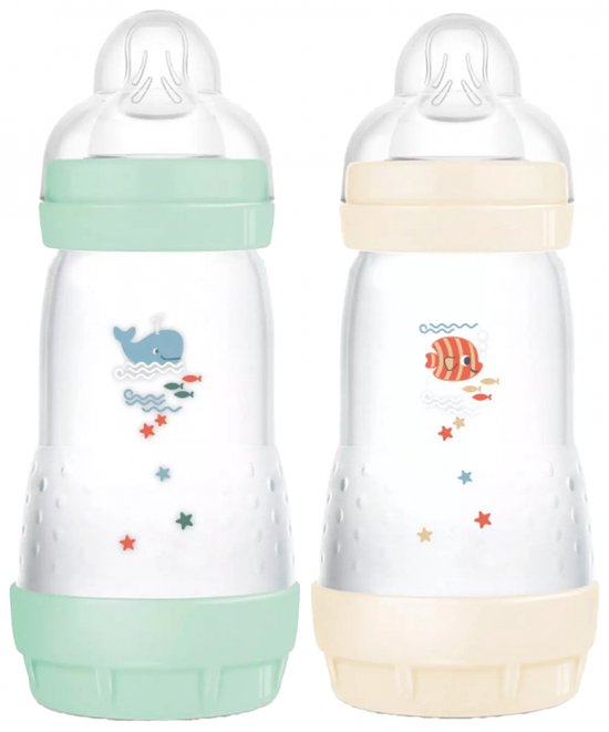 Set van 2 Babyflessen - MAM - Easy Start - Klassiek Anti-Koliek - 260 ml - Doorstroomsnelheid 2 spenen - Mint + Katoen