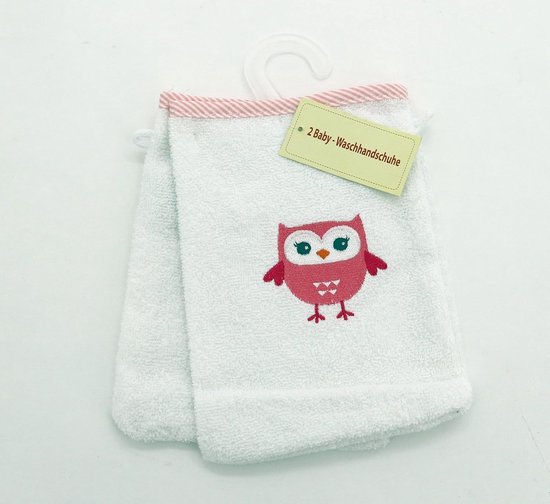 Set van 2 Babywashandjes Katoen met Roze Uil Borduurwerk