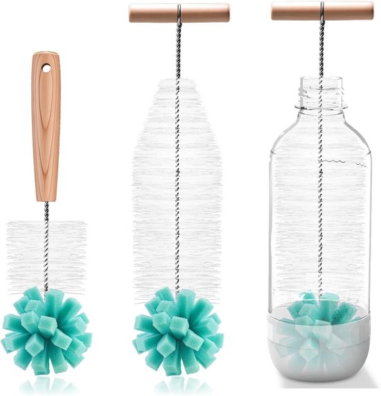Set van 2 Flessenborstels voor het Schoonmaken van Glazen Flessen, Ideaal voor Soda, Drinkflessen en Babyflessen, Effectieve Glas Spons Borstels voor 1 Liter Flessen