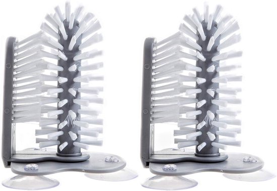 Set van 2 - Flessenreinigingsborstels - Met Zuignap - 360° Glasborstel met Sterke Zuignappen - Glazenborstel - Multifunctionele borstel Voor flessen en bekers - Spoelborstel voor Glazen - Glazenborstel Gootsteen - Flessenrager - Grijs