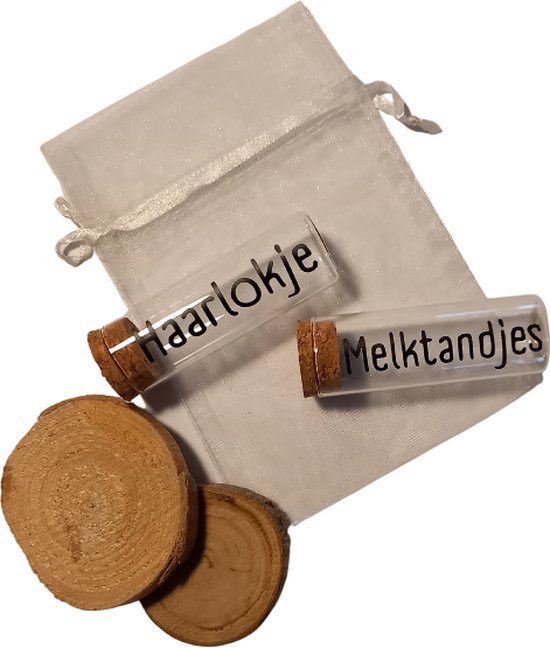 Set van 2 glazenbuisjes met kurk; Haarlokje en Melktandje / Gewoon-Leuk van Gewoon-Leuk