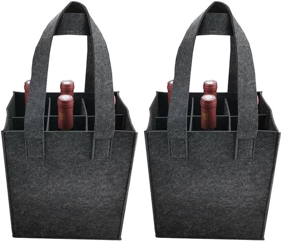 Set van 2 Herbruikbare Flessentassen met 6 Compartimenten van Vilt voor Wijnflessen, Perfect voor Feesten, Reizen en Picknicks (Zwart)
