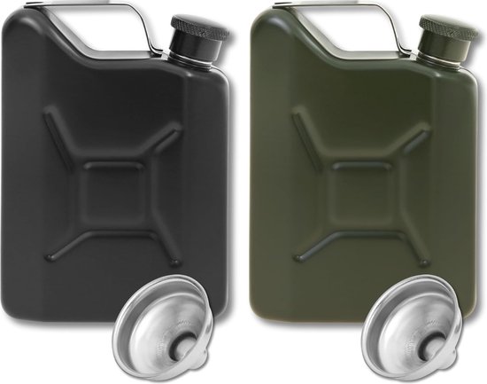 Set van 2 heupflessen, roestvrijstalen benzineblikken met trechter, militair ontwerp, matzwart en matgroen, 2 x metalen heupflessen, cadeaus voor mannen, mini-heupfles 4 oz (groen en zwart) van $
