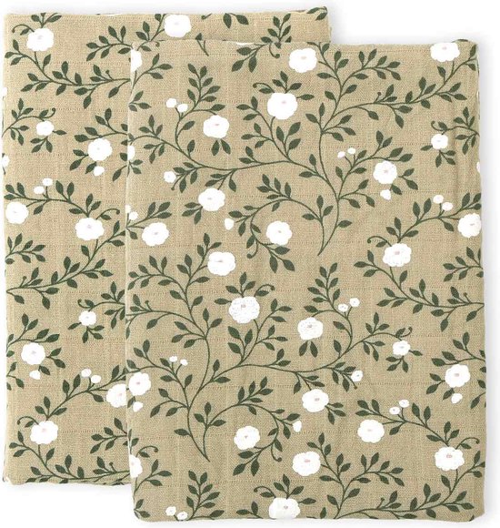 Set van 2 hydrofiele multidoeken biologisch katoen: bloesem - donker saliegroen | A Little Lovely Company van Merkloos