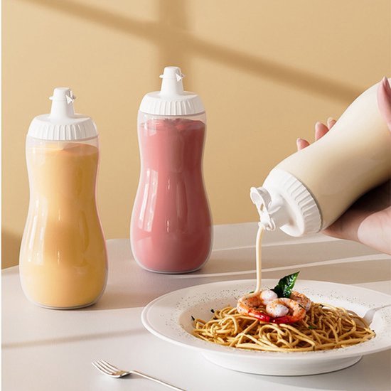Set van 2 knijpflessen - 500 ml (16.9 oz) voor pannenkoekbeslag met klapdeksel en maatstreepjes - Perfect voor het bewaren van oliën, specerijen, barbecuesauzen, enz., voor thuisgebruik.