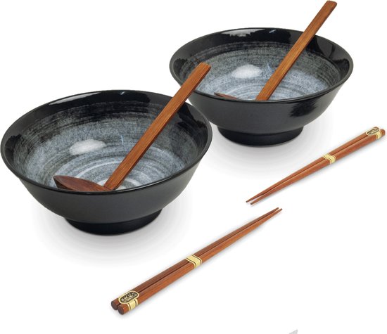 Set van 2 Ramenkommen met Lepels en Stokjes - Zwart, 22 cm