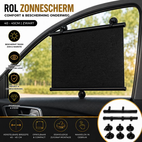 Set van 2 Rol Zonneschermen Auto – 40 x 45 cm – Zwart – Met Zuignappen en Montageclips – Voor Zijruit / Autoruit