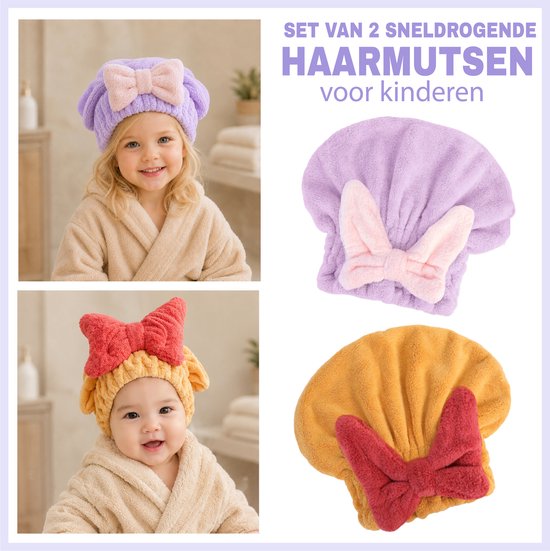 Set van 2 Sneldrogende Haarmutsen voor Kinderen – Microvezel Handdoekmuts met Grote Strik – 3 Maanden tot 3 Jaar