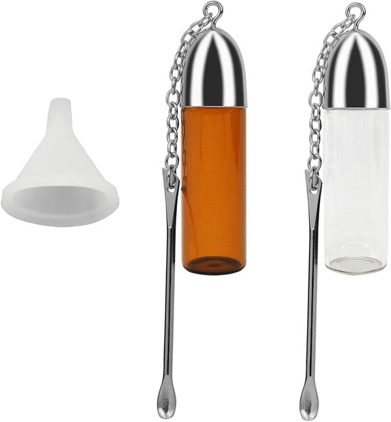 Set van 2 Specerijpoeder Dispensers met Mini Trechter en Lepel - Handige Glazen Portionering voor Reizen, Buitenactiviteiten en Picknicks, 57 mm