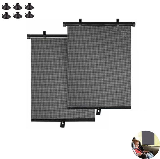Set van 2 stuks - Zonnescherm voor zijruiten auto - Uitschuifbaar zonnescherm voor zijruiten - Zonnescherm van 45 cm * 50 cm - Zonnescherm voor auto met zuignap - Automatisch oprolbaar zonnescherm - Geschikt voor sedans, SUV's, hatchbacks en jeeps