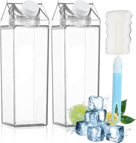 Set van 2 transparante melkdozen - waterfles - herbruikbare melkcarton met bekertje en borstel - voor het opslaan van drankjes - picknicks - kamperen - melk - sinaasappelsap - bier in de koelkast - 1 liter