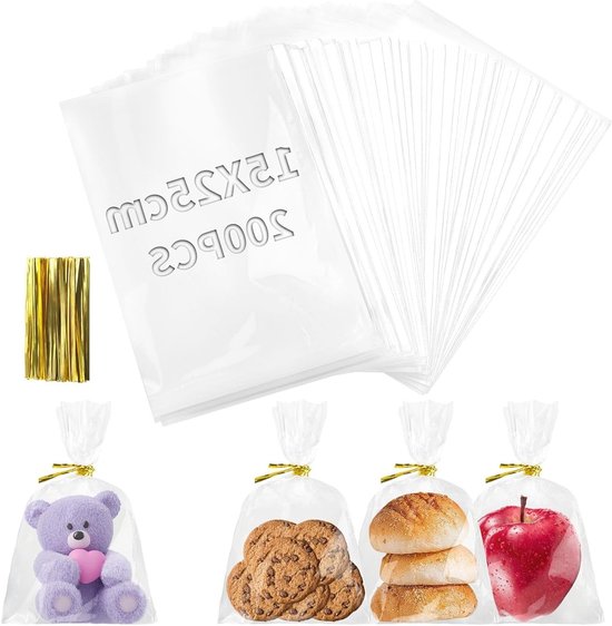 Set van 200 doorzichtige cellofaan zakken 25 x 15 cm voor snoep, koekjes en cadeaus met sluiting