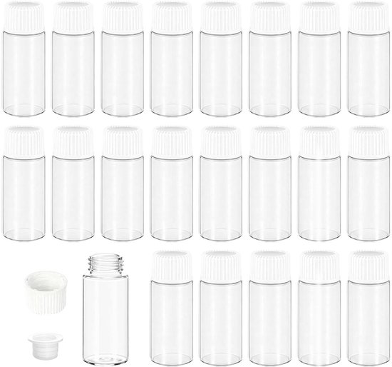 Set van 24 kleine glazen flessen met schroefdop en kunststof stop, 5 ml, lekvrij, transparant - voor monsters en ampullen