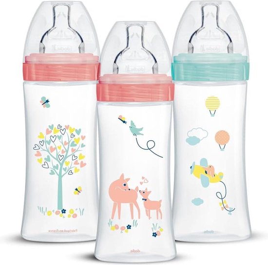Set van 3 Anti-koliek Sensation Plus babyflessen - Meisjes - 330 ml - 6 maanden - Platte speen debiet 3 - Pastelroze - 3 stuks van Suavinex
