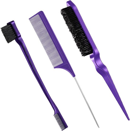 Set van 3 Baby Haarborstels en Kammen, Ideaal voor Baby's en Kinderen, Inclusief Contourborstel en Rat Tail Kam in Paars
