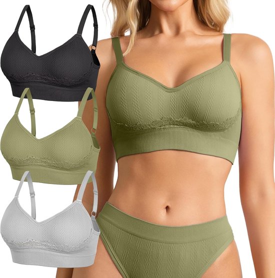Set van 3 damesbeha's zonder beugel, comfortabele ondersteuning slaapbeha's voor kleine borsten, zachte beha, comfit, beugelloze bralette, comfortabel met gevoerd ondergoed, XS-XL