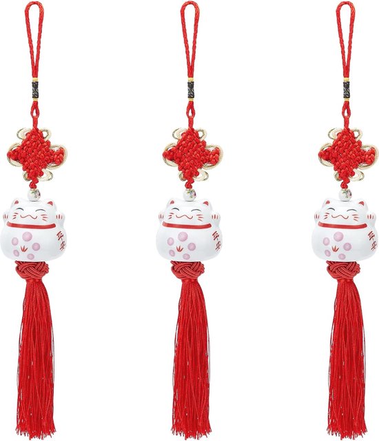Set van 3 Geluks Kat Keramische Auto Charm | Feng Shui Maneki Neko Hanger voor Auto en Woondecoratie van $