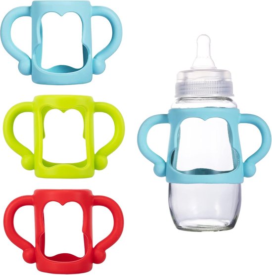 Set van 3 handvatten voor babyflessen, siliconen handvatten, zachte siliconen handsfree flessenhouder, BPA-vrije handvatten voor smalle Dr. Brown-flessen, gemakkelijk vast te houden (3 kleuren)