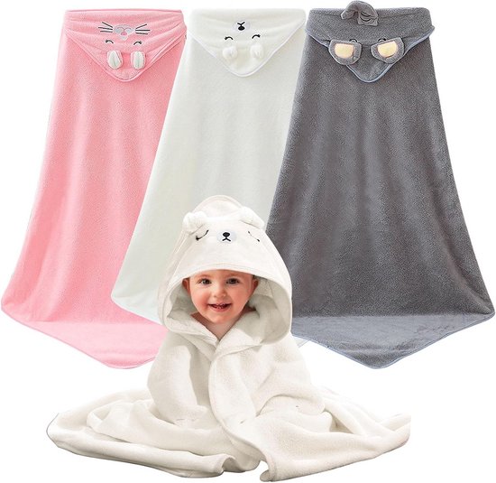 Set van 3 Katoenen Baby Hooded Handdoeken met Capuchon - Zacht en Absorberend