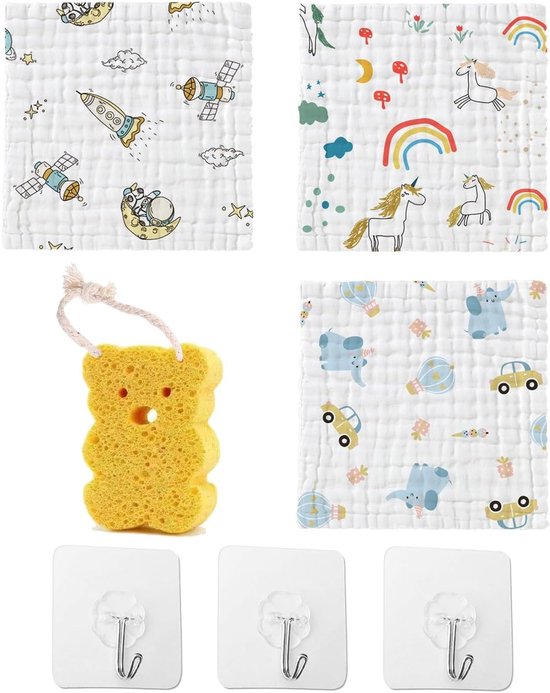 Set van 3 Katoenen Baby Wasdoeken met 1 Bad Spons en 3 Plakhaakjes, Zachte Badhanddoeken voor Pasgeborenen, Multifunctionele Babydoeken, Natuurlijke Katoen, 25 cm x 25 cm
