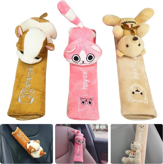 Set van 3 kindergordelbeschermers, cartoongordelbeschermers, auto, kinderen, ademend en huidvriendelijk, geschikt voor autogordel, rugzak, schoudertas (3 kleuren) van Generic.