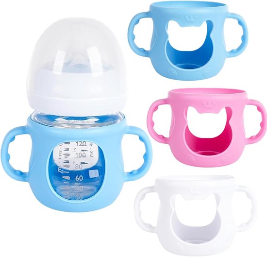 Set van 3 siliconen hoezen voor Avent Natural-babyflessen van glas, babyflesbescherming, onbreekbare babyflessenhouder, accessoires buitendiameter meer dan 5 cm voor fles (M)
