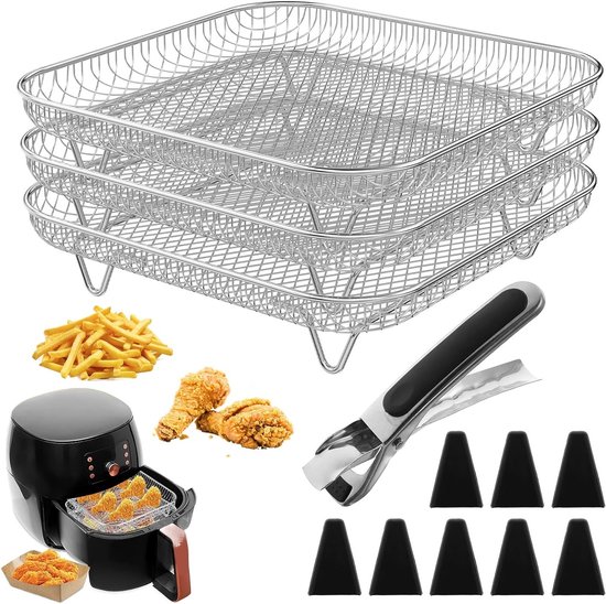 Set van 3 Stapelbare Airfryer Racks met Siliconen Voeten en Tweezer - Ideaal voor Koken, Bakken en Grillen in de Airfryer, 20cm RVS Accessoires