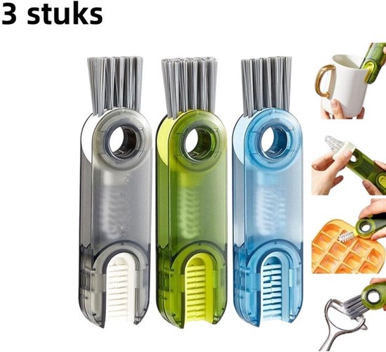 Set van 3 – U-vormige borstels voor bekerdeksels – Schoonmaakborstels – 3-in-1 – Het ultieme schoonmaakhulpmiddel – Kierborstel voor flessen – Diverse kleuren van Merkloos