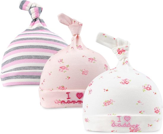 Set van 3 Zachte Katoenen Baby Mutsen met Knoop voor Pasgeborenen 0-6 Maanden van Merkloos